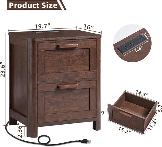 Farmhouse Nightstand with Charging Station, End Tables Bedroom with 2 Large Drawers & 4 Thickened Table Legs, Walnut