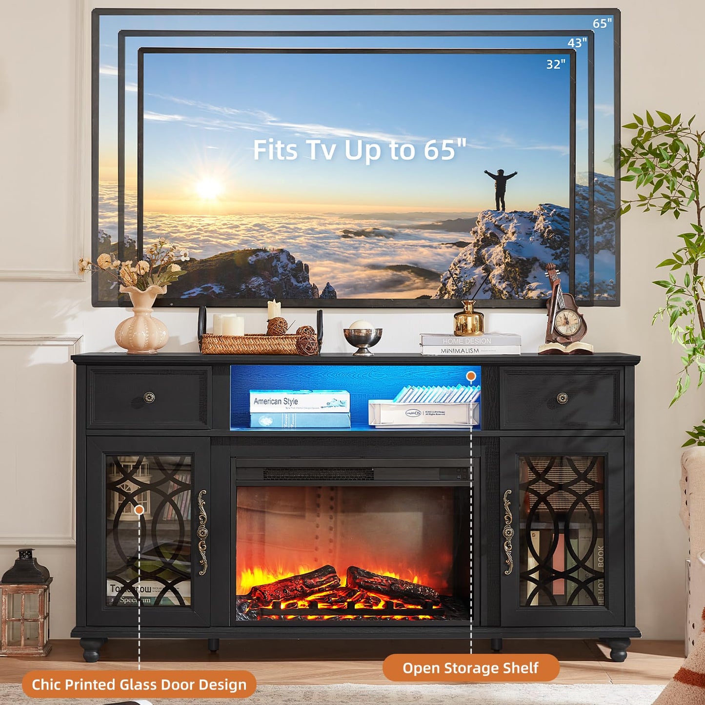 Joaxswe Farmhouse Fireplace TV Stand Sets 3,Side Table with Charger Station | 59" Fire Place TV Stands for Living Room, Entertainment Center Heater for TVs up to 65" with Open Shelves and Drawers, Blue
