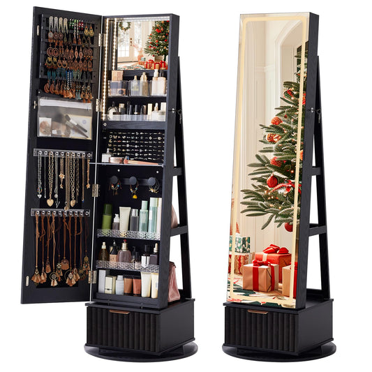 Joaxswe Fluted 360° Swivel Jewelry Armoire Cabinet Standing with Full Length Mirror, Lockable Jewelry Organizers and Drawer Storage with 3 Color LED Lights & Interior Mirror Rear Storage Shelves