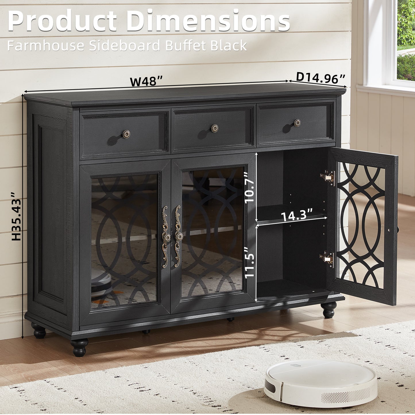 Black sideboard buffet cabinet with two open doors, arched lattice panels and adjustable shelf