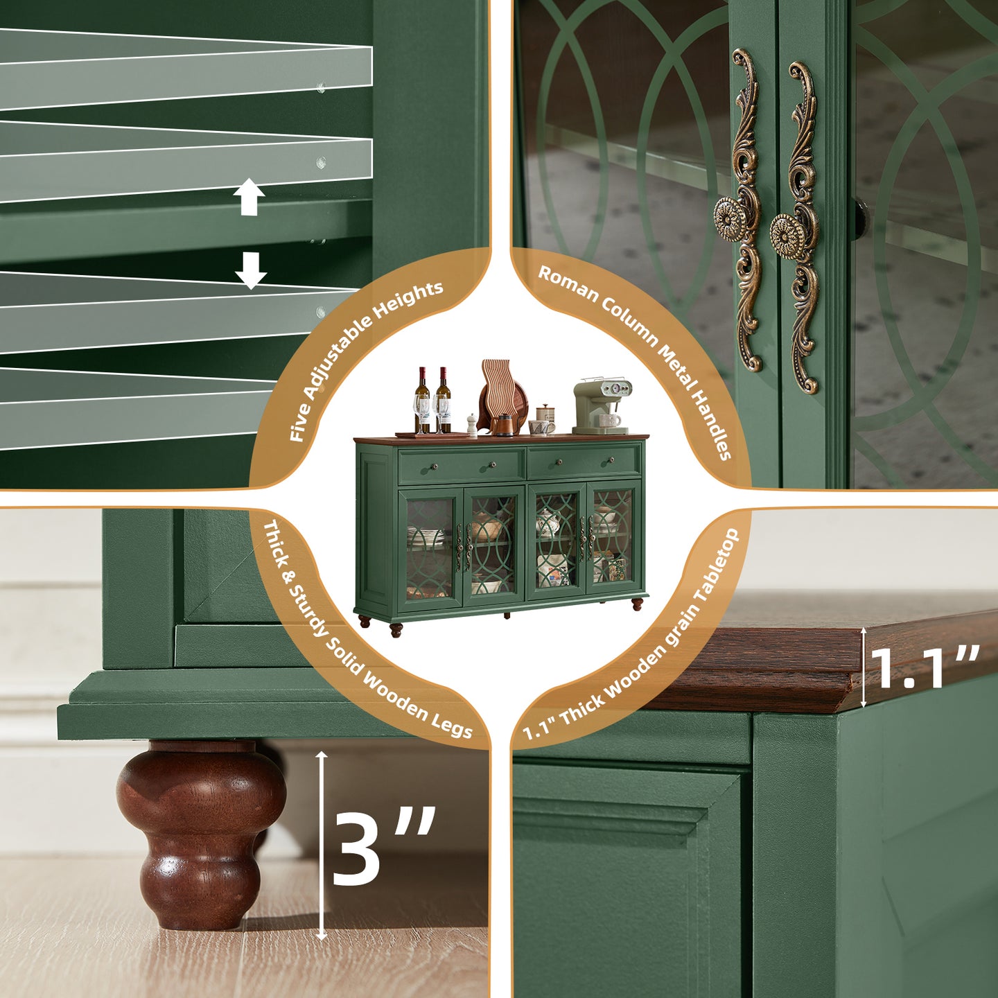 Green sideboard cabinet diagram with adjustable shelves and decorative glass doors