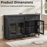 Black sideboard cabinet with drawers and arched glass door panels