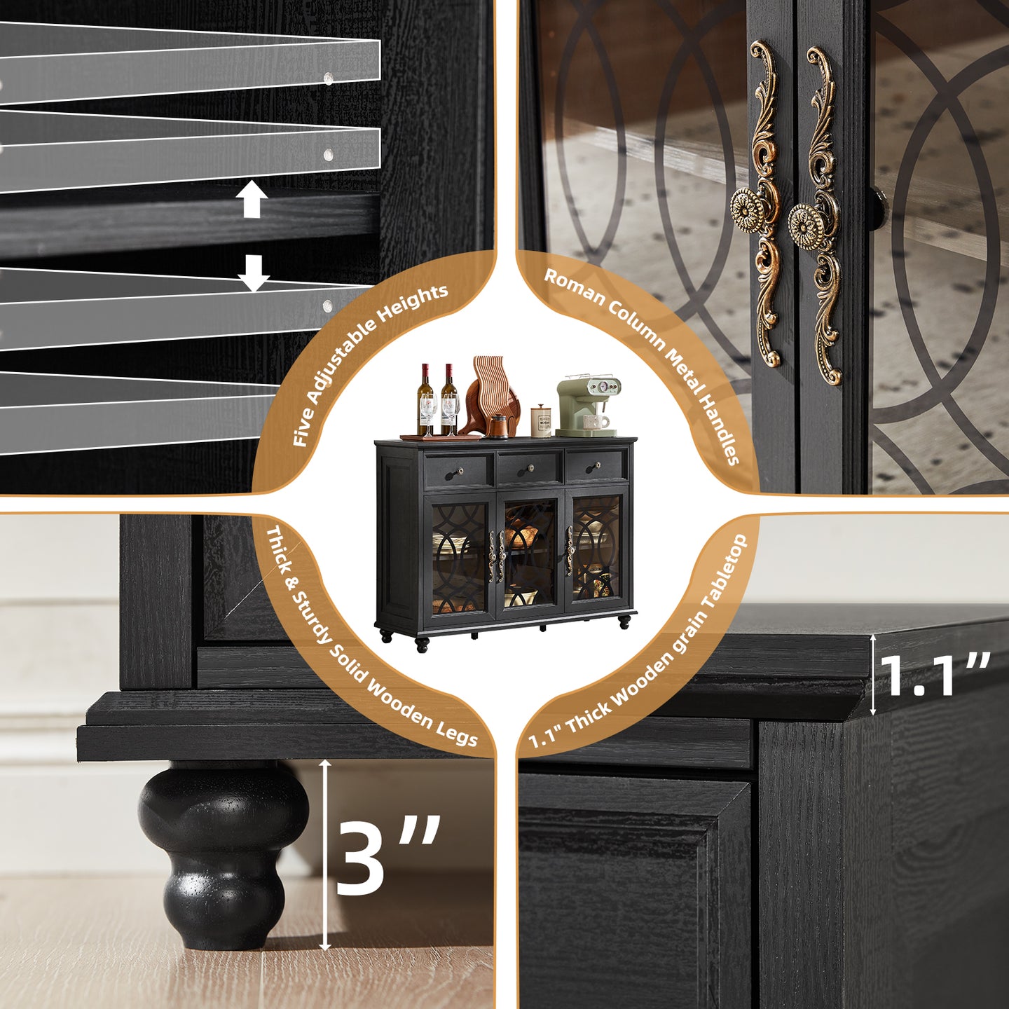 Black cabinet base with adjustable shelf height and decorative glass-door display