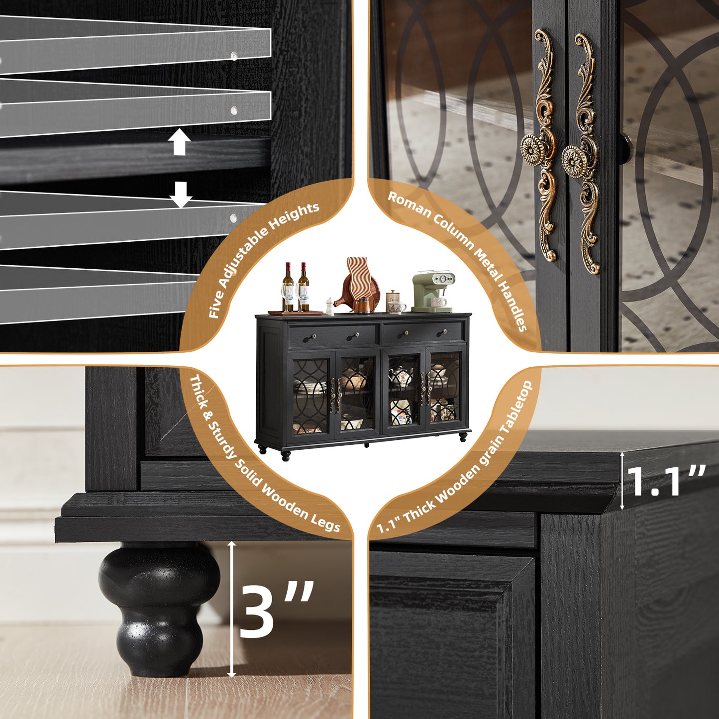 Black sideboard cabinet with arched glass doors and turned wooden legs