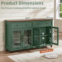 Green sideboard cabinet with glass doors, adjustable shelf, and two drawers
