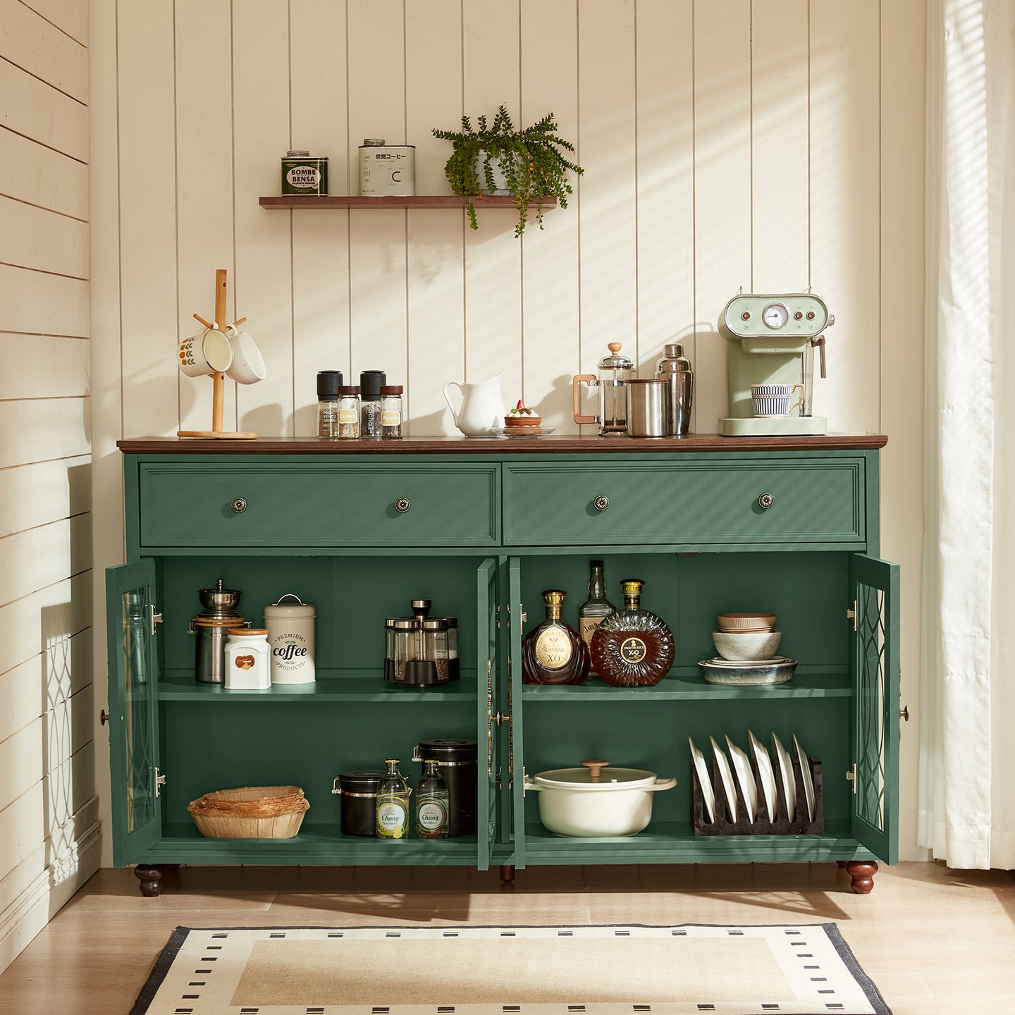 Green farmhouse sideboard buffet cabinet with open shelves, two drawers, and glass doors