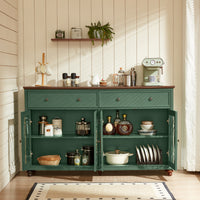 Green farmhouse sideboard buffet cabinet with open shelves, two drawers, and glass doors