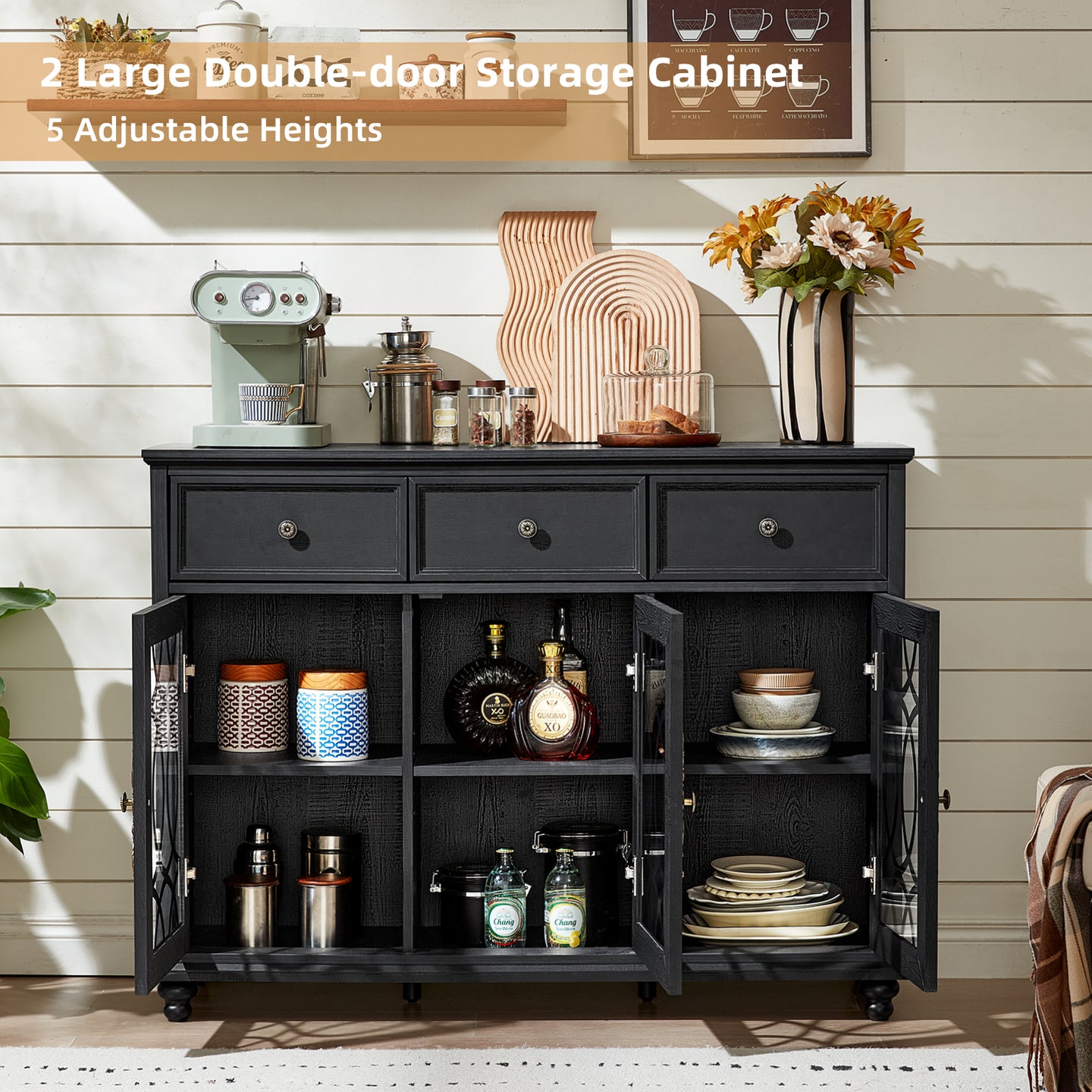 Black sideboard buffet cabinet with open double-door storage, three drawers and adjustable shelves