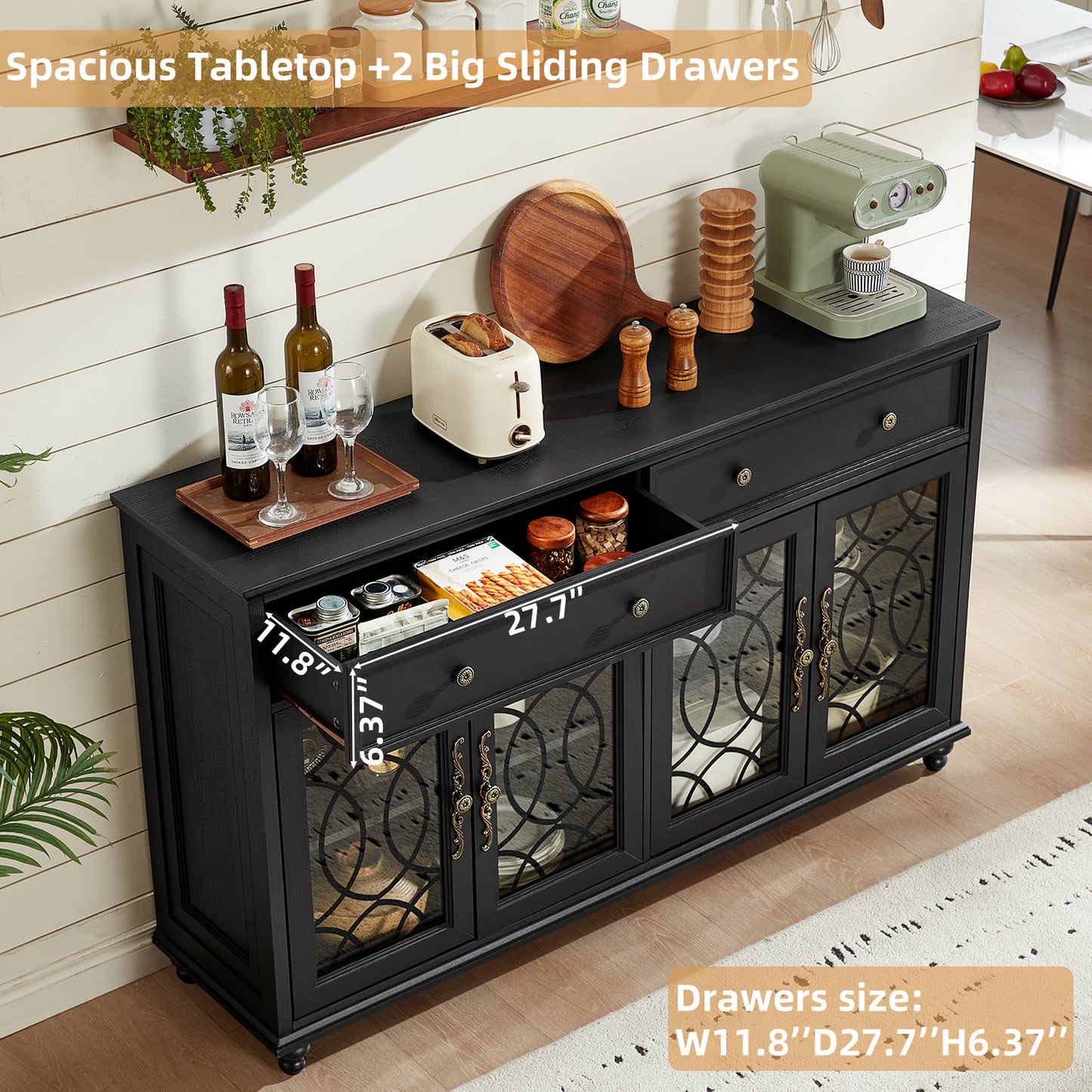 Black sideboard cabinet with two drawers, glass doors, and open top storage area