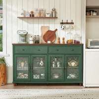 Green sideboard buffet cabinet with glass doors and drawers, wood top and turned legs