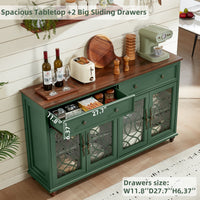 Green sideboard cabinet with glass doors and drawers, wood top with coffee accessories