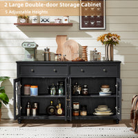 Black farmhouse sideboard cabinet with double doors open, showing adjustable inner shelves