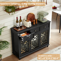 Black buffet cabinet with three drawers, two open shelves, and glass door compartments