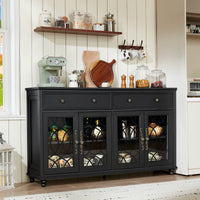 Black sideboard cabinet with two drawers, four glass doors, and countertop coffee setup