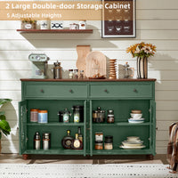 Farmhouse sideboard buffet cabinet in green with two open doors and adjustable shelves