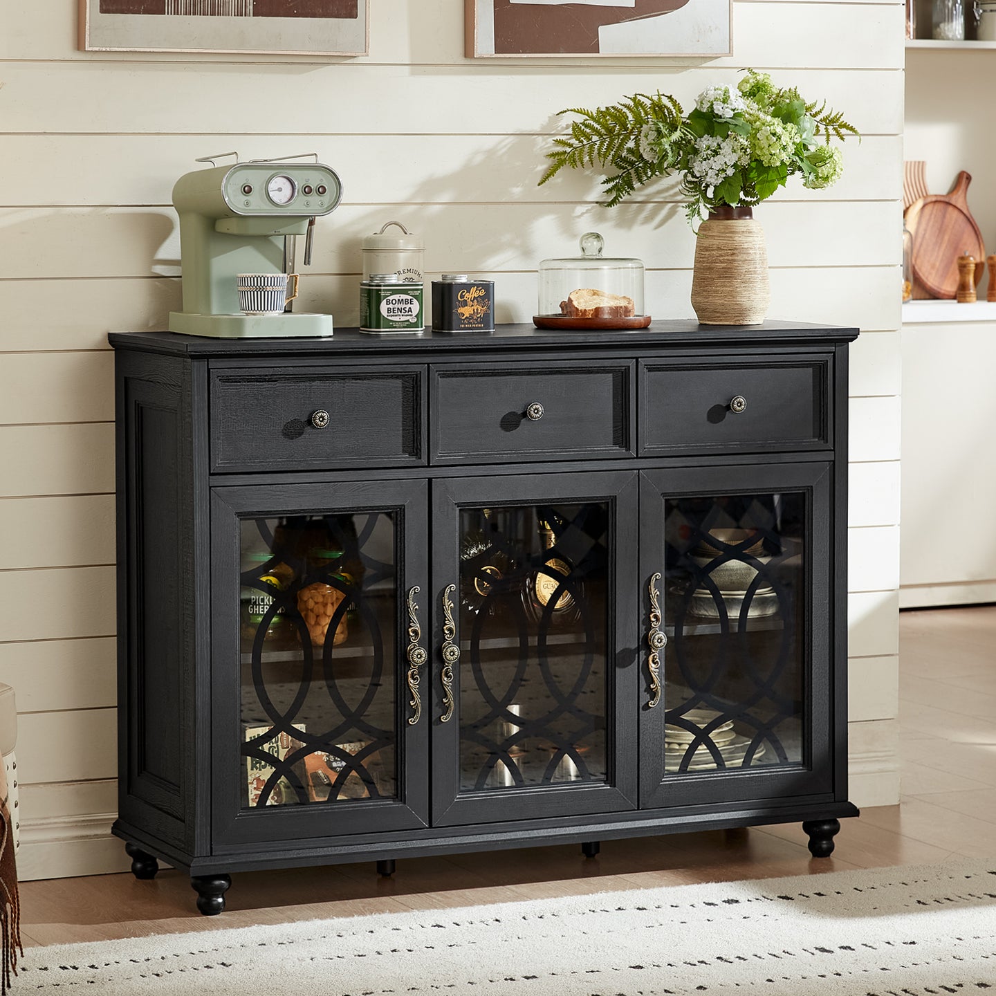 Black farmhouse sideboard with three drawers and three glass cabinet doors on wheels