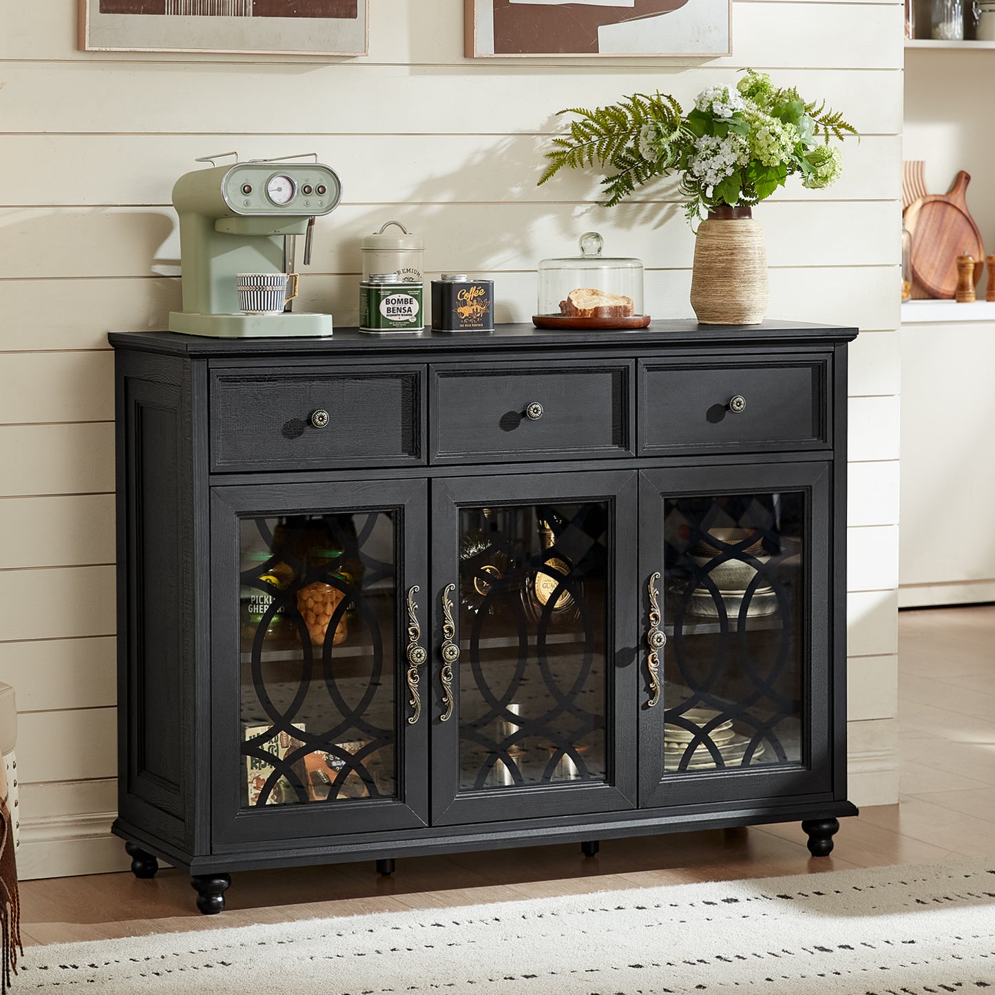Black farmhouse sideboard with three drawers and three glass cabinet doors on wheels