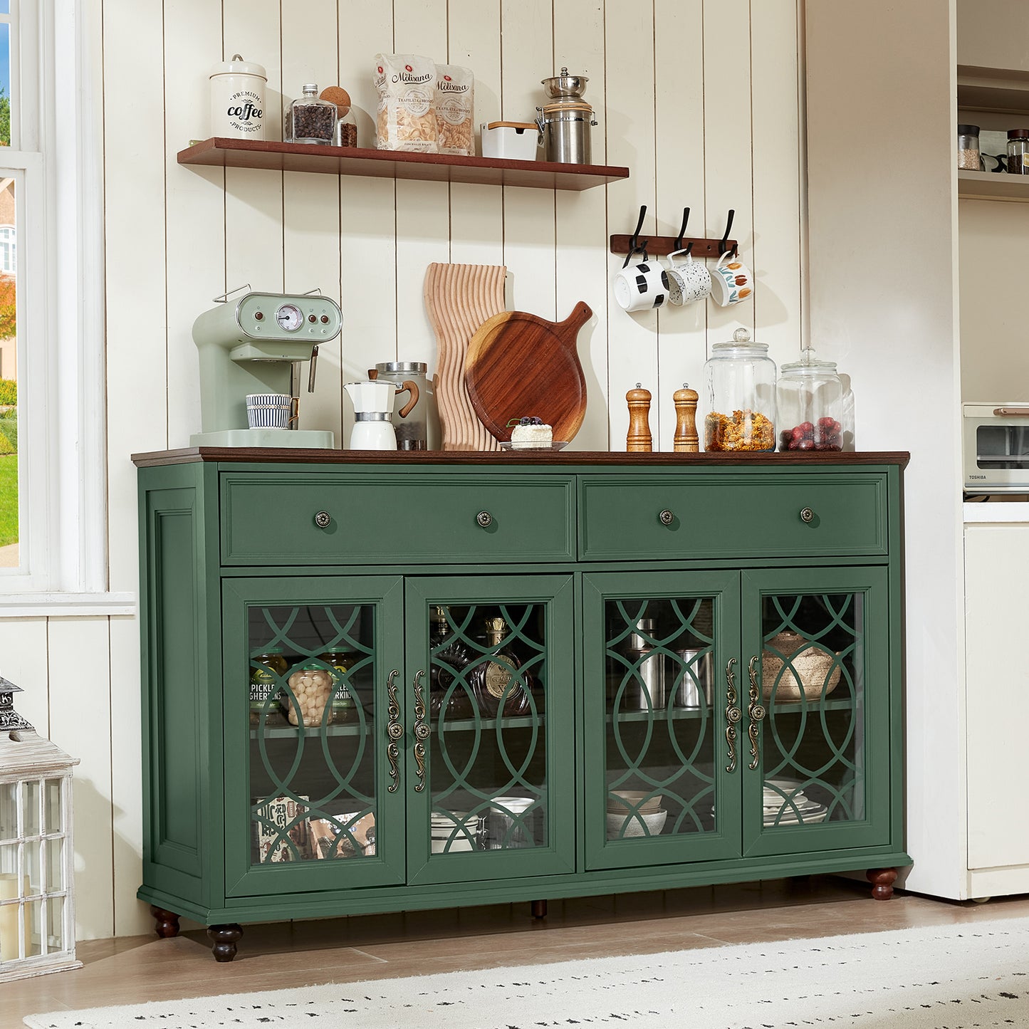 Green farmhouse sideboard buffet cabinet with four glass panel doors and top storage drawers