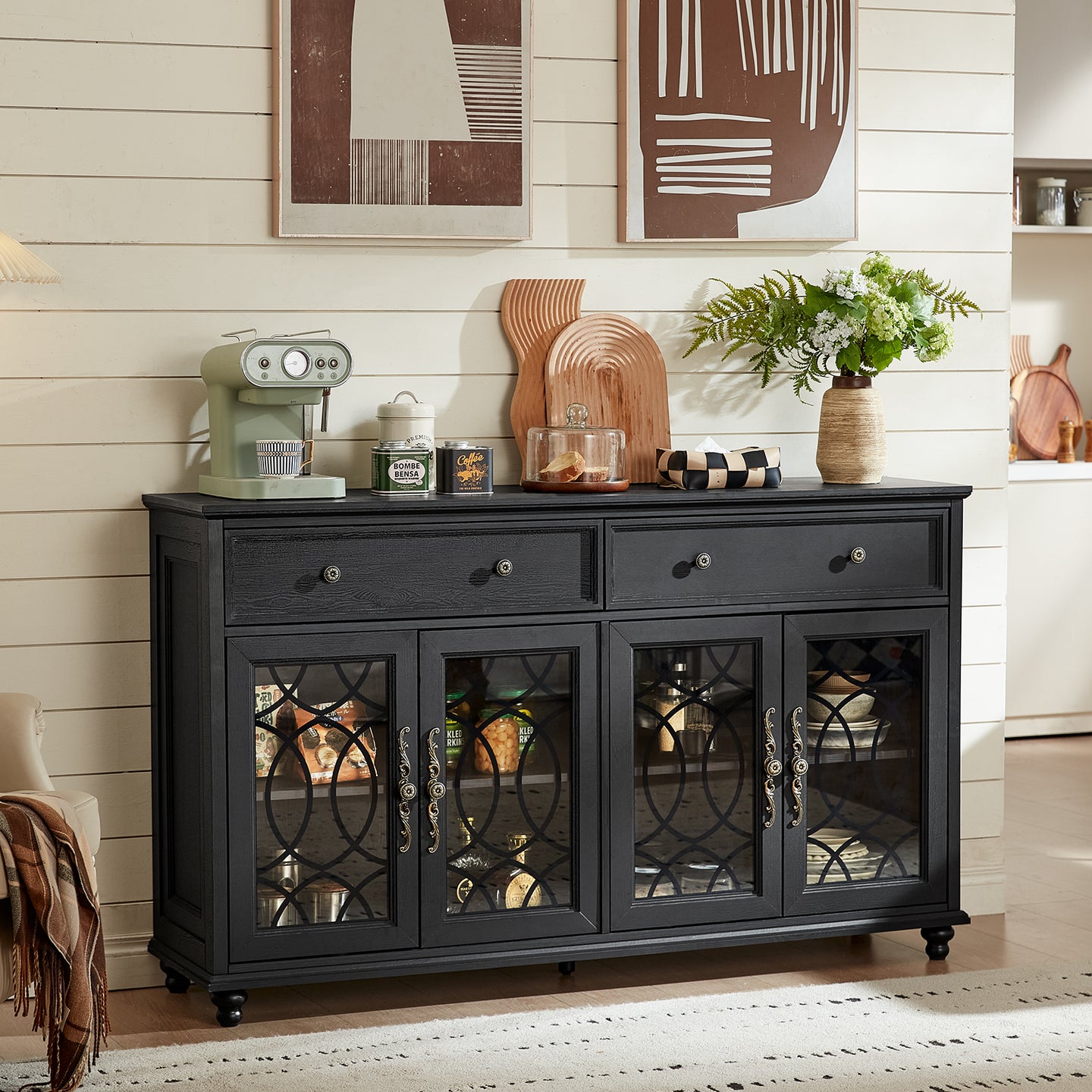 Black farmhouse sideboard cabinet with four glass doors, two drawers, and wood cutting board