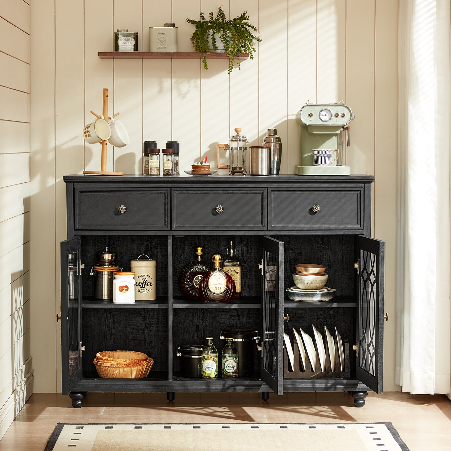 Black farmhouse sideboard buffet cabinet with drawers and glass doors, on sturdy legs