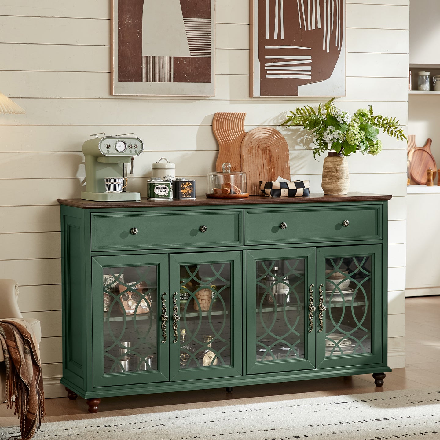 Green sideboard buffet cabinet with two lower glass doors and top drawers