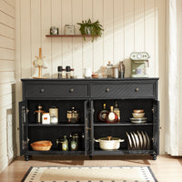Black sideboard cabinet with double doors open, shelves filled with kitchen cookware