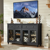 Black farmhouse sideboard cabinet with four glass doors, two drawers, and decor on top