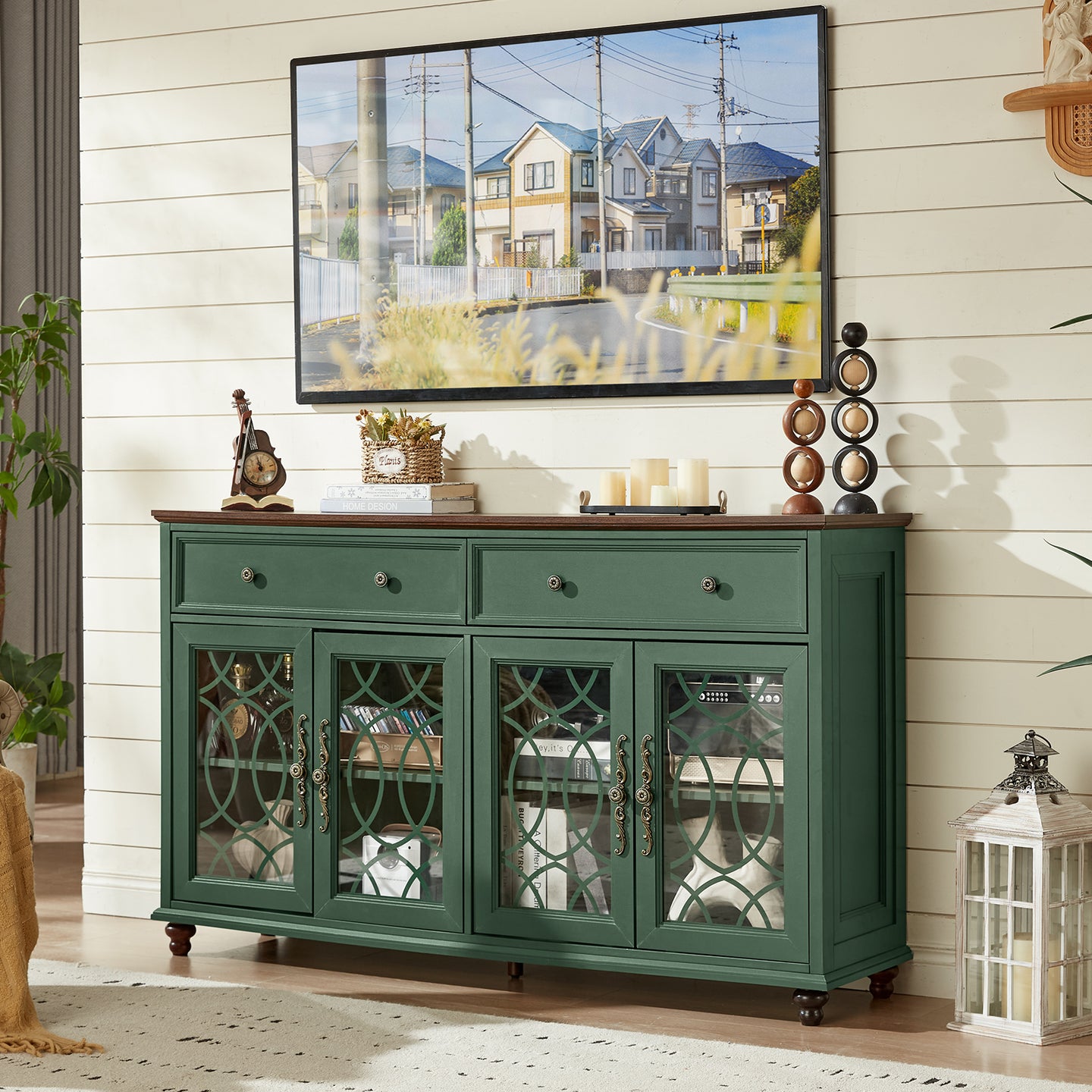 Green sideboard buffet cabinet with two glass doors and a long top drawer row