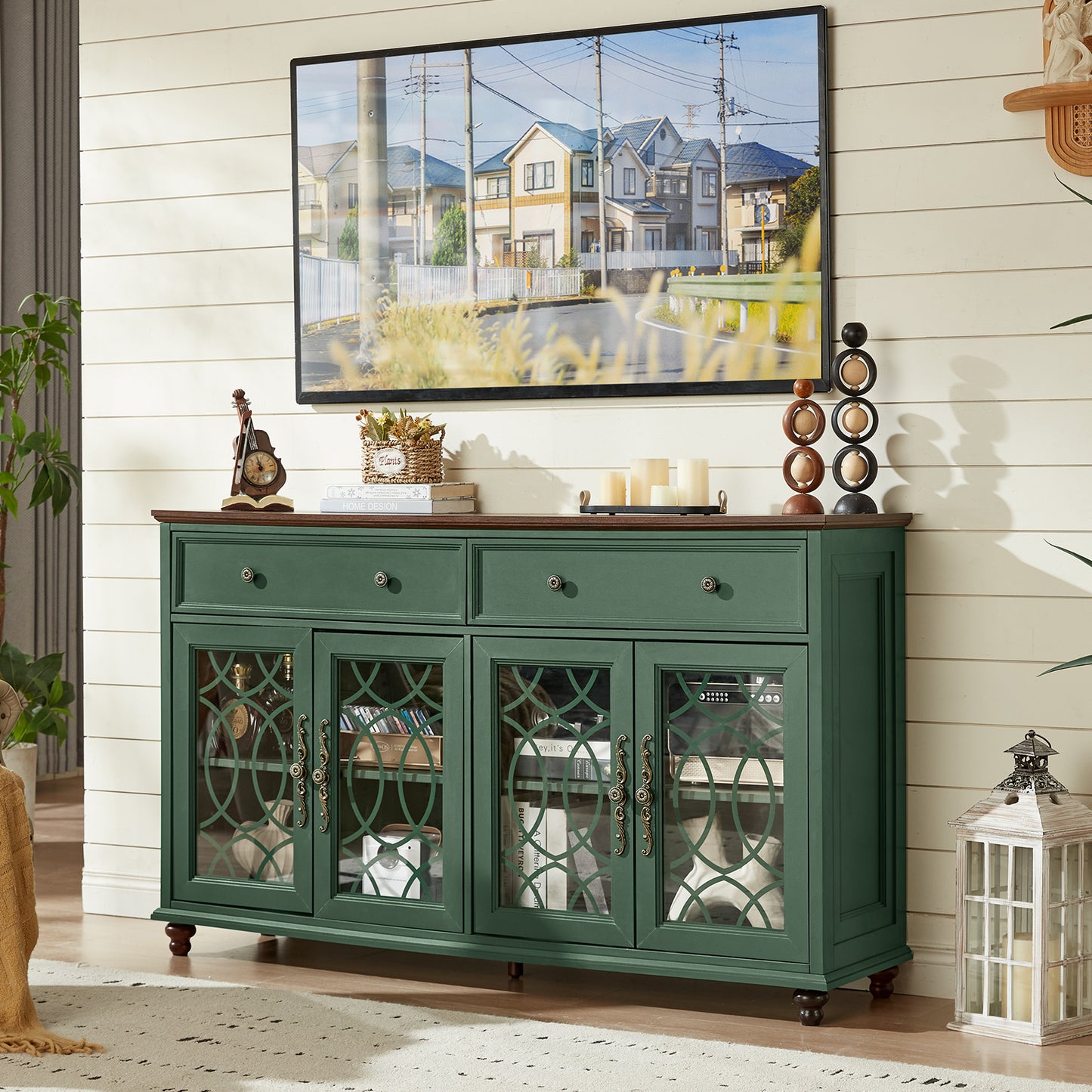 Green sideboard buffet cabinet with two glass doors and a long top drawer row
