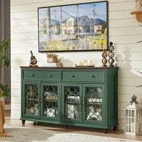 Green sideboard buffet cabinet with two glass doors and a long top drawer row