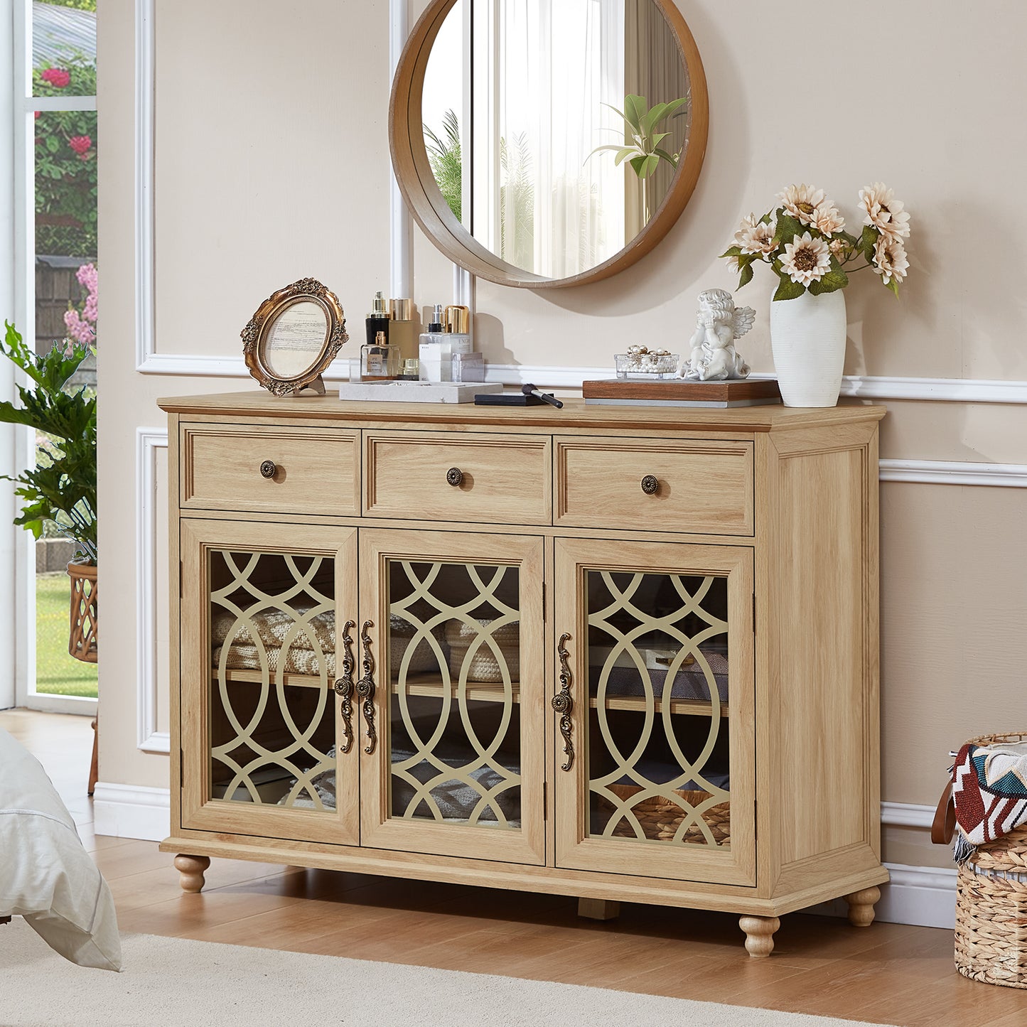 Natural wood farmhouse sideboard buffet cabinet with drawers and glass-door panels