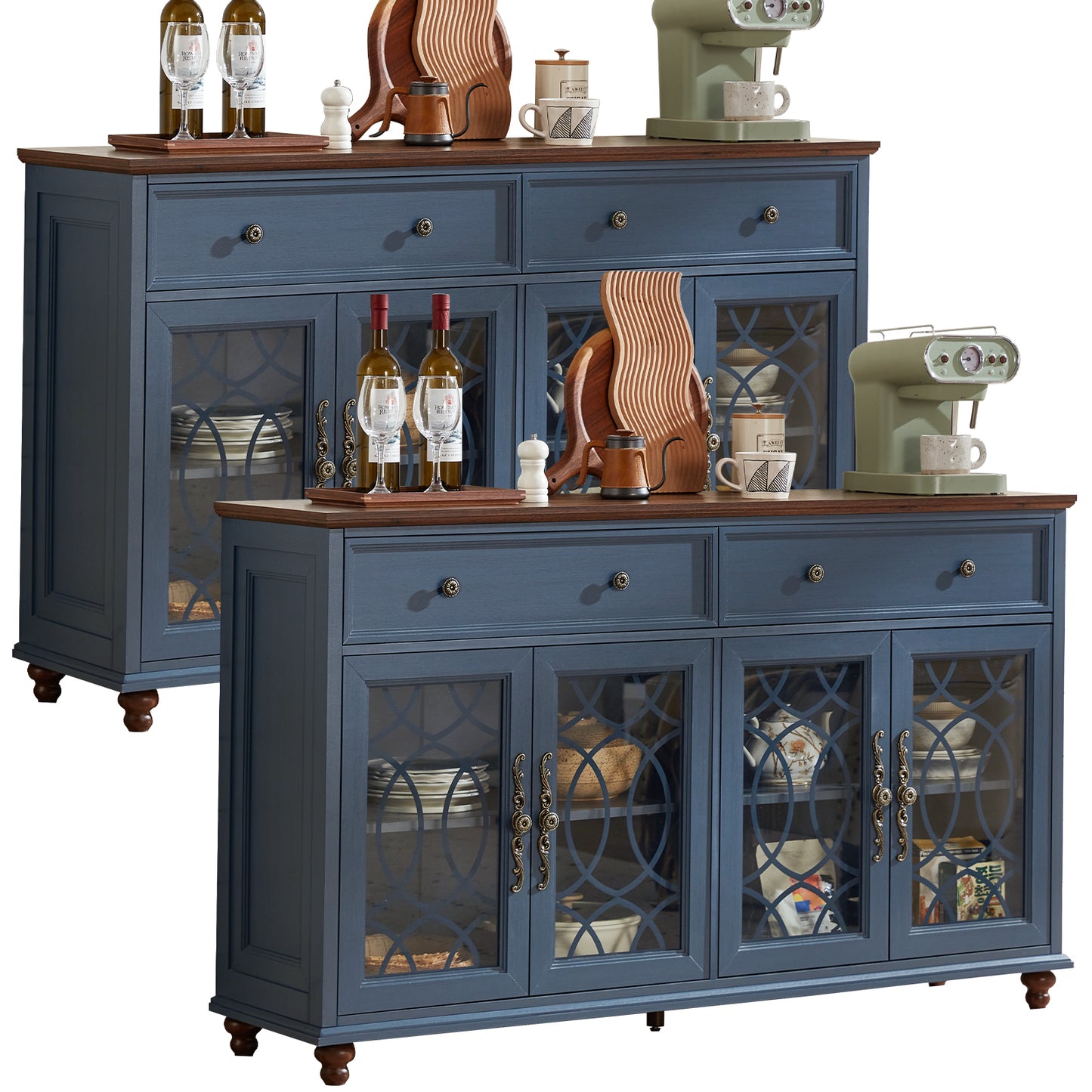 Blue double sideboard buffet cabinet with drawers and glass-panel cabinet doors