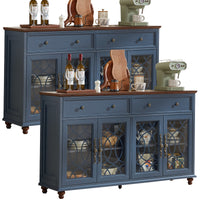 Blue double sideboard buffet cabinet with drawers and glass-panel cabinet doors