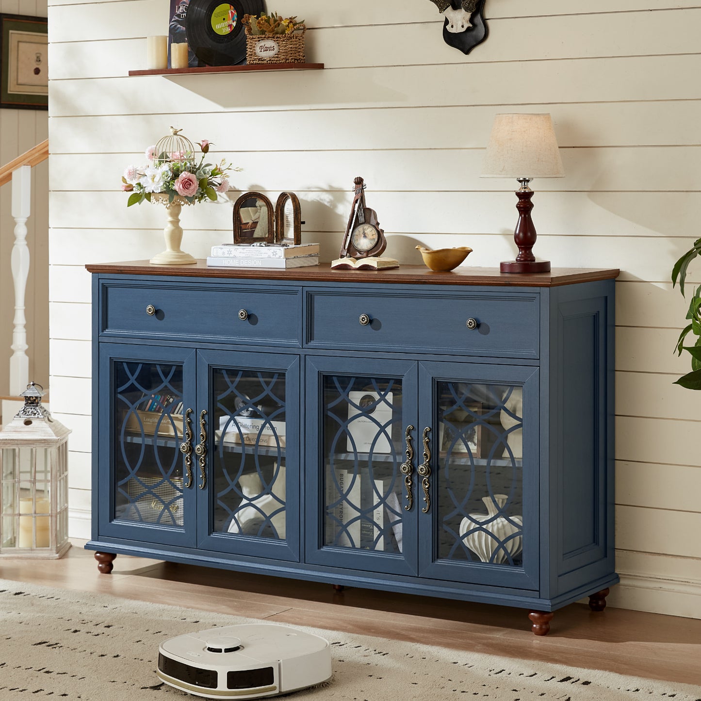 Blue sideboard cabinet with drawers and arched glass door panels