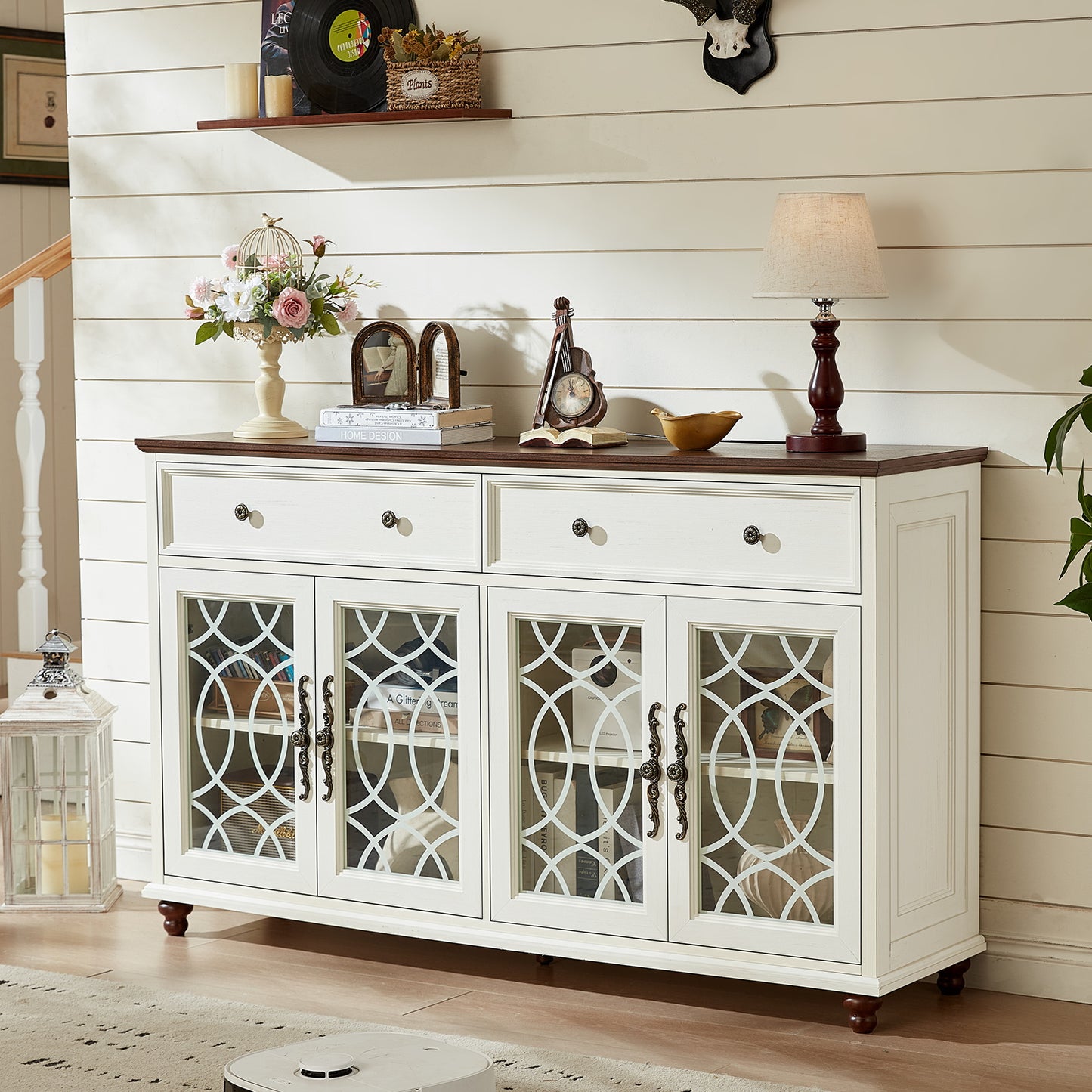 White farmhouse sideboard buffet cabinet with multiple glass doors and drawer storage