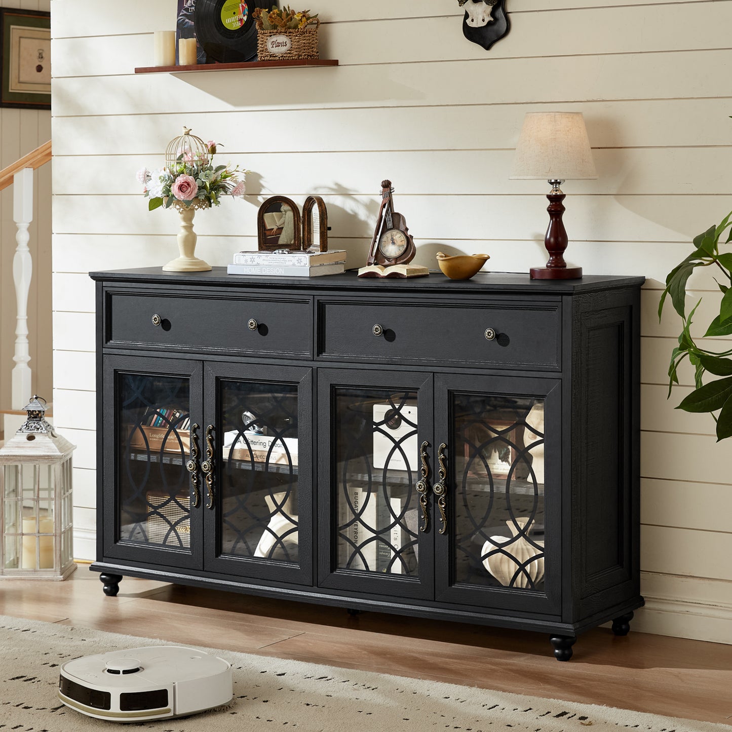 Black farmhouse sideboard cabinet with two drawers, four glass doors, and countertop decor