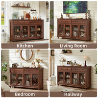 Wood buffet cabinet with arched glass doors and multiple drawers on turned legs