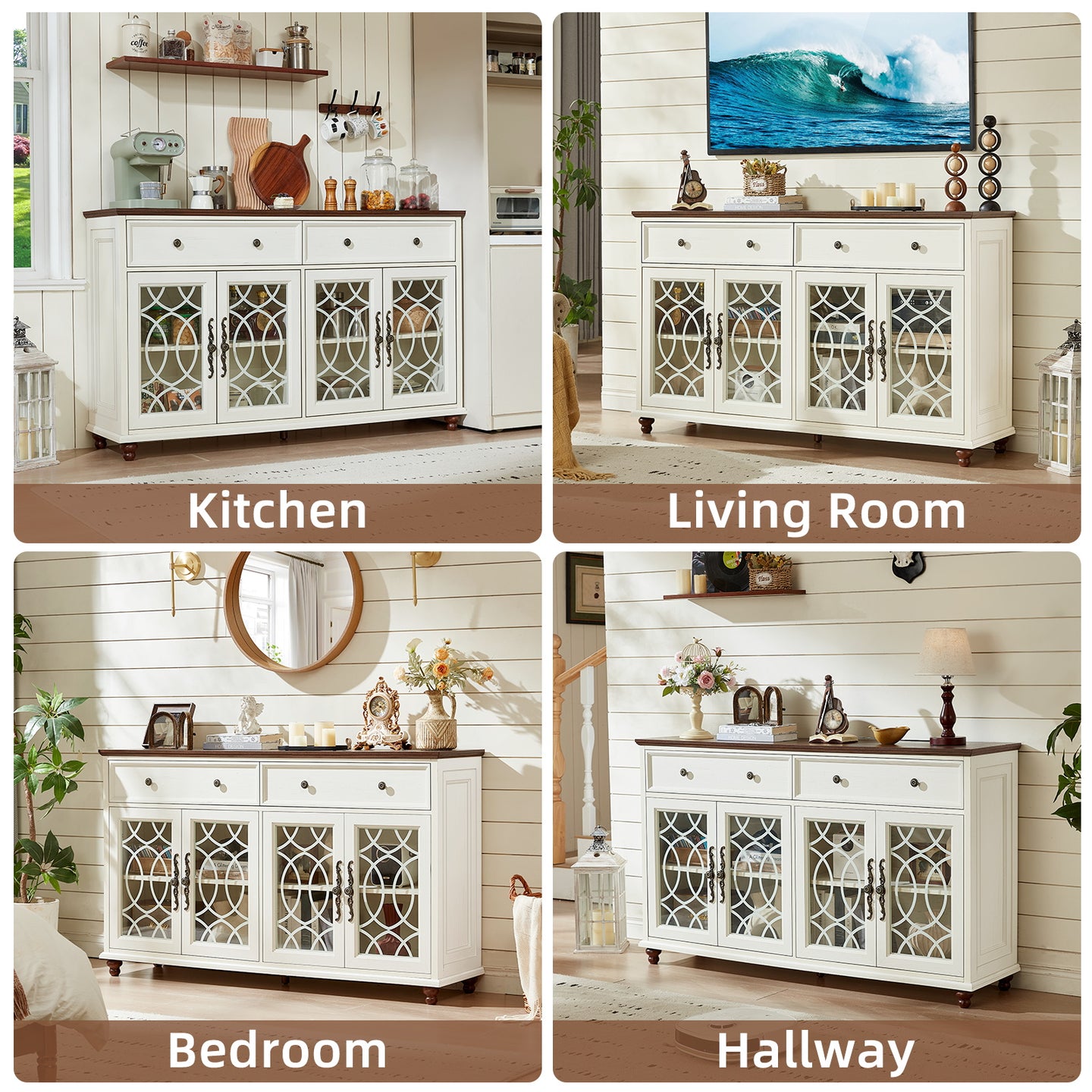 White farmhouse sideboard buffet cabinet with drawers and arched lattice glass doors