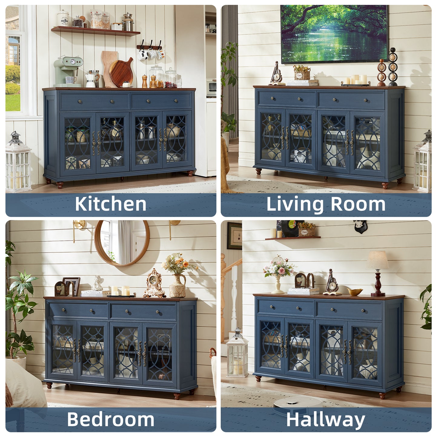 Blue sideboard buffet cabinet with drawers and arched glass-panel doors