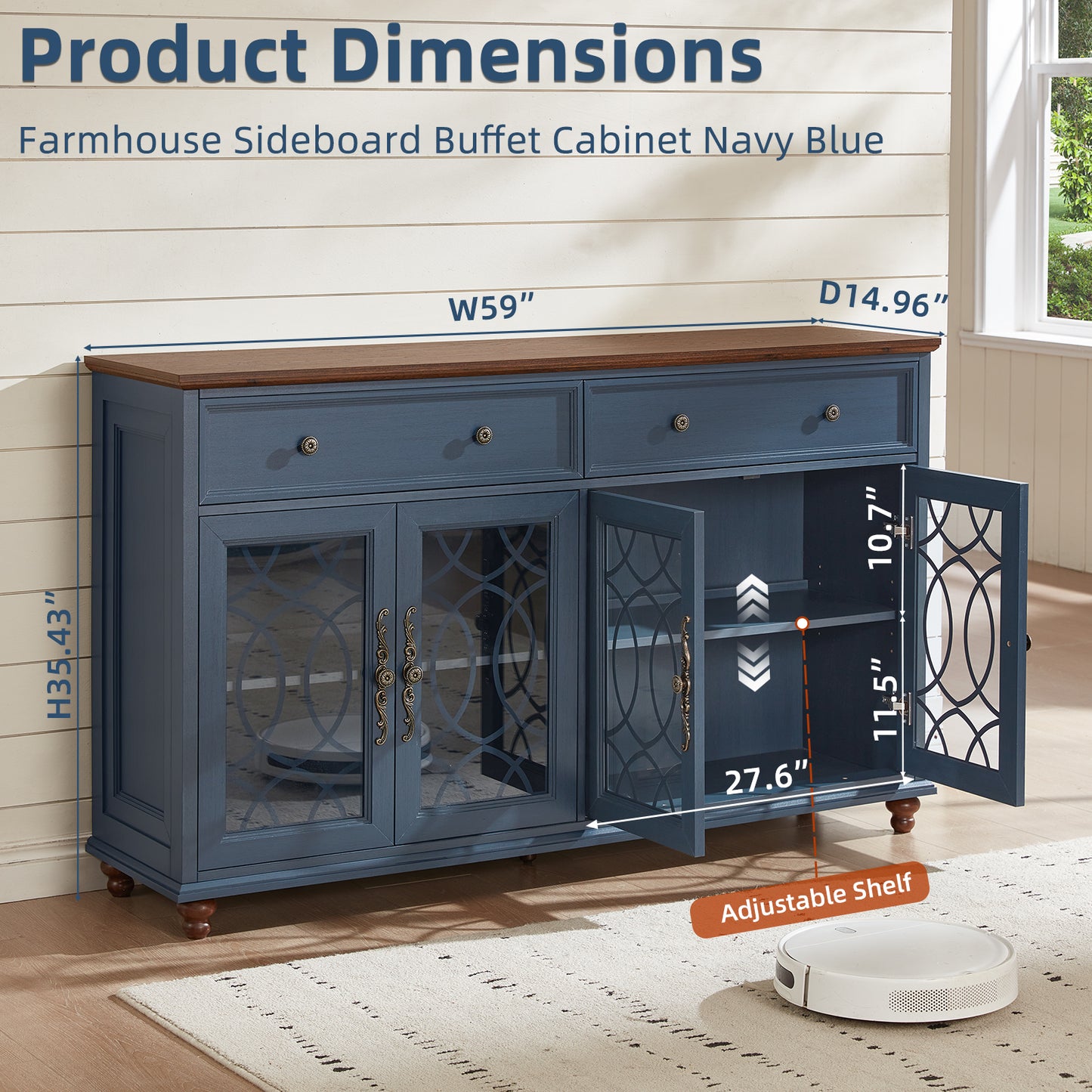 Navy blue sideboard buffet cabinet with drawers and three glass door sections