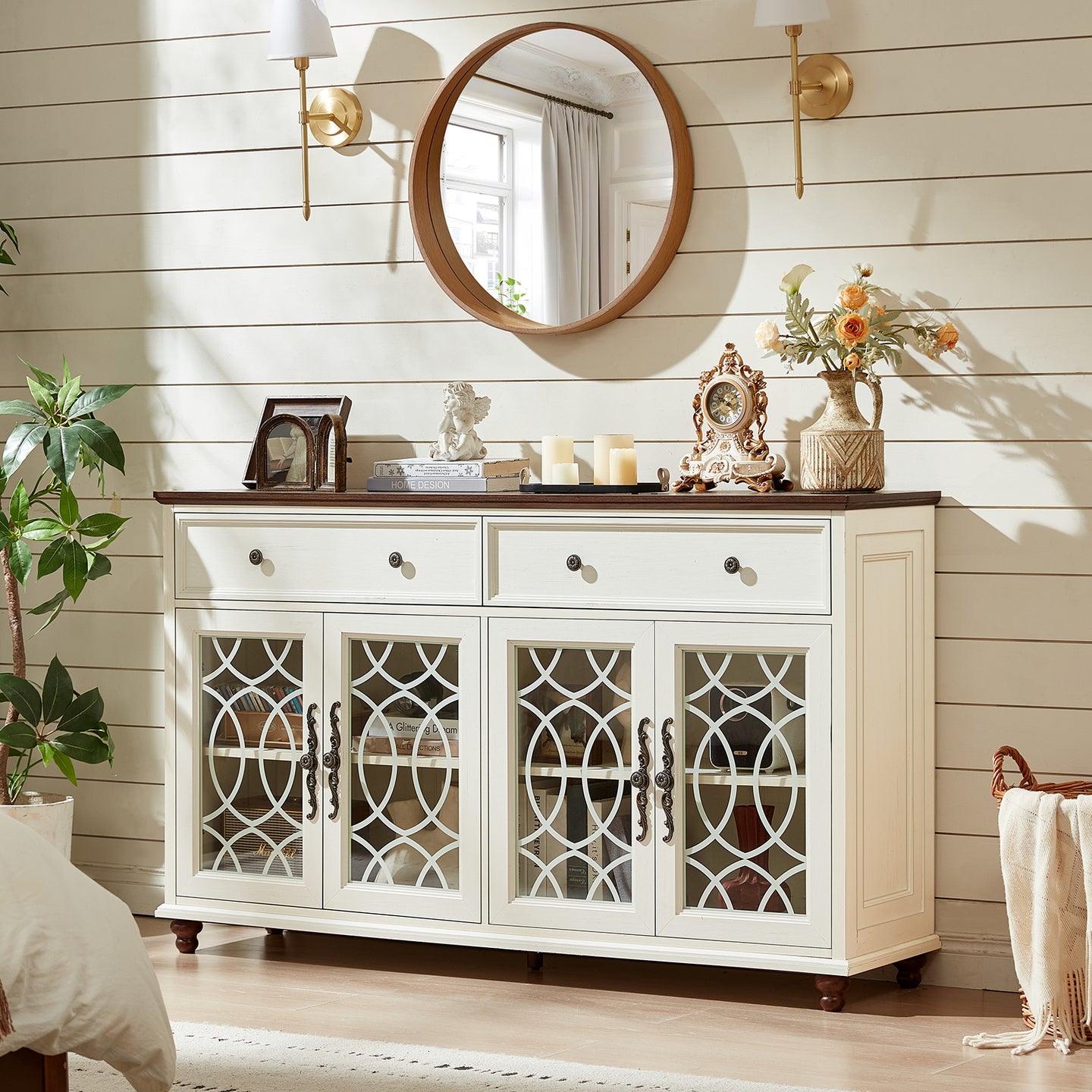 White farmhouse sideboard cabinet with drawers and arched glass door panels