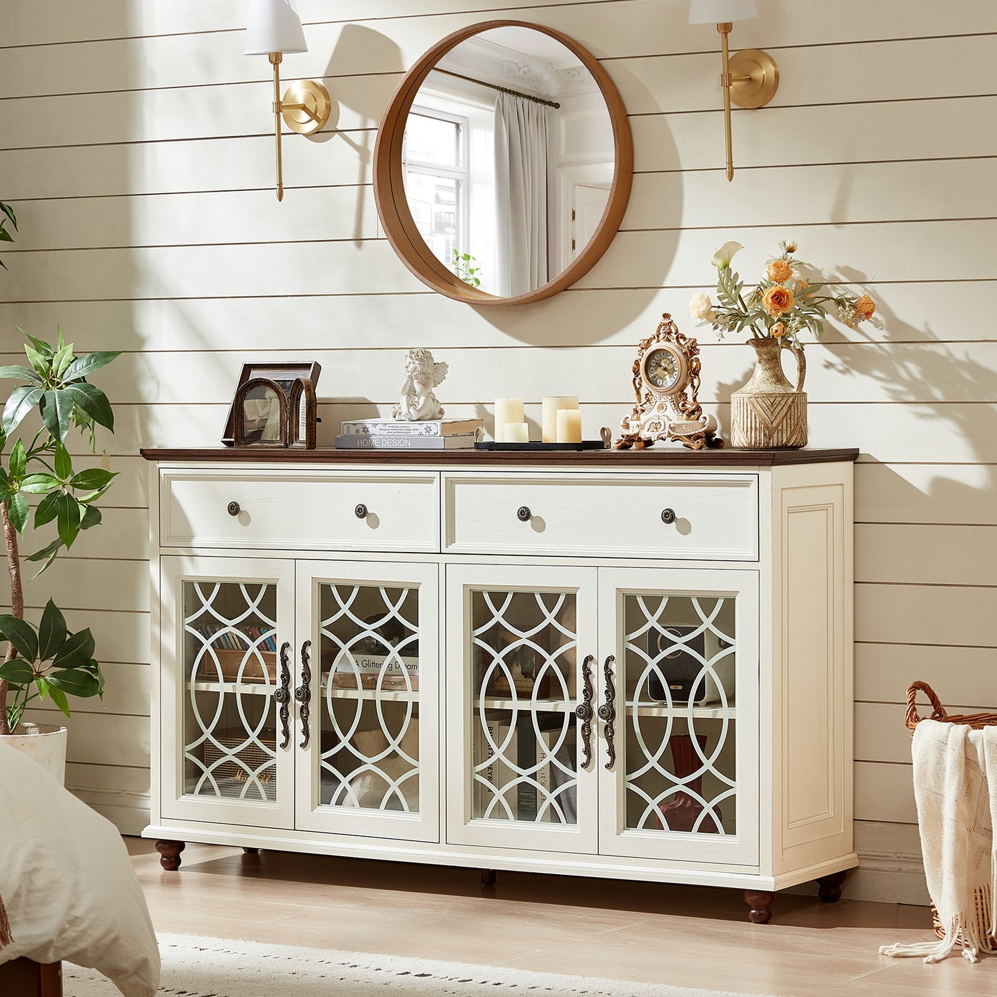 White farmhouse sideboard cabinet with drawers and arched glass door panels