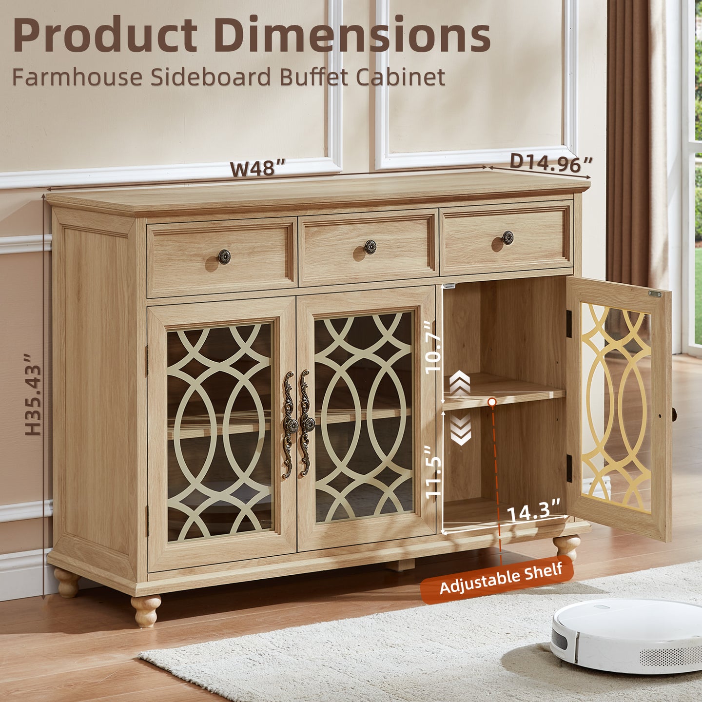 Natural wood sideboard buffet cabinet with two drawers and two glass door panels