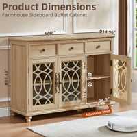 Natural wood sideboard buffet cabinet with two drawers and two glass door panels