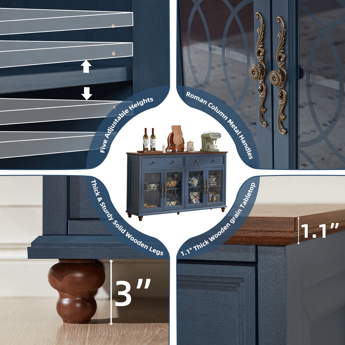 Blue sideboard buffet cabinet with glass doors, wooden legs, and adjustable shelves