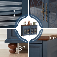 Blue sideboard buffet cabinet with glass doors, wooden legs, and adjustable shelves