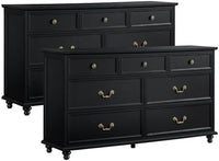 Farmhouse 6-drawer nightstand cabinet set with brass-tone handles and rolling feet, black finish