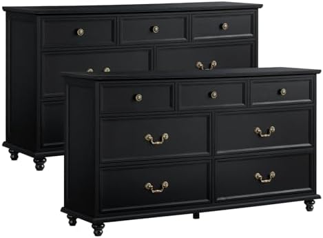 Farmhouse 6-drawer nightstand cabinet set with brass-tone handles and rolling feet, black finish