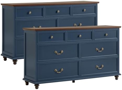 Blue farmhouse nightstand set, side-by-side three-drawer chests with brass-tone knobs