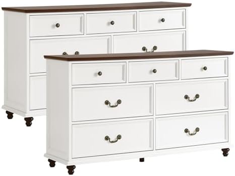 Farmhouse nightstand with multiple drawers, white body and dark brown top